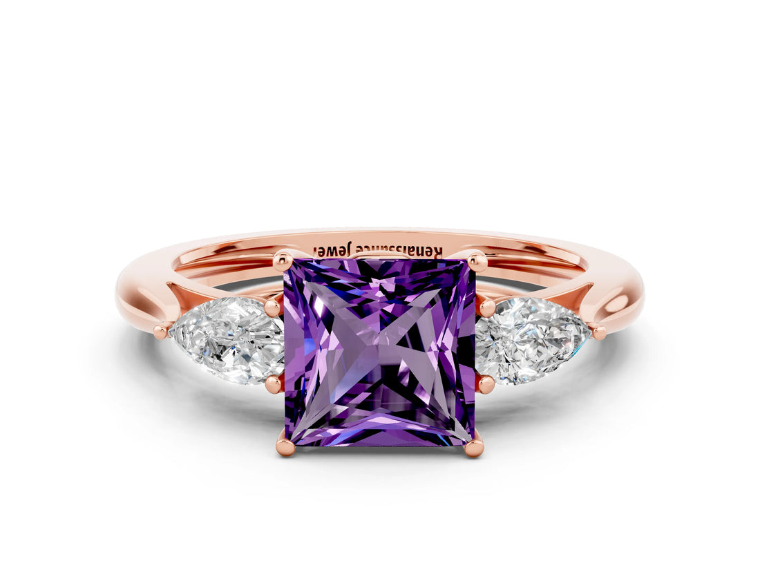 Rose gold Three-Stone Princess Cut Amethyst Ring with Pear  Side Stones in Four-Prong Setting_36