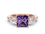 Rose gold Three-Stone Princess Cut Amethyst Ring with Pear  Side Stones in Four-Prong Setting_36