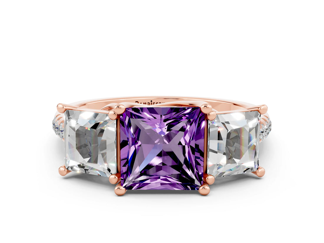 Rose gold Three-Stone Princess Cut Amethyst Ring with Round  Pavé Band and Prong Setting_14