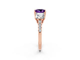 Rose gold Three-Stone Princess Cut Amethyst Ring with Round  Pavé Band and Prong Setting_16