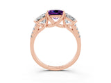 Rose gold Three-Stone Princess Cut Amethyst Ring with Round  Pavé Band and Prong Setting_17