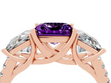 Rose gold Three-Stone Princess Cut Amethyst Ring with Round  Pavé Band and Prong Setting_28