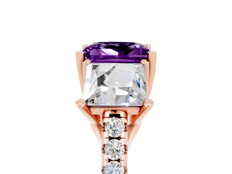 Rose gold Three-Stone Princess Cut Amethyst Ring with Round  Pavé Band and Prong Setting_29