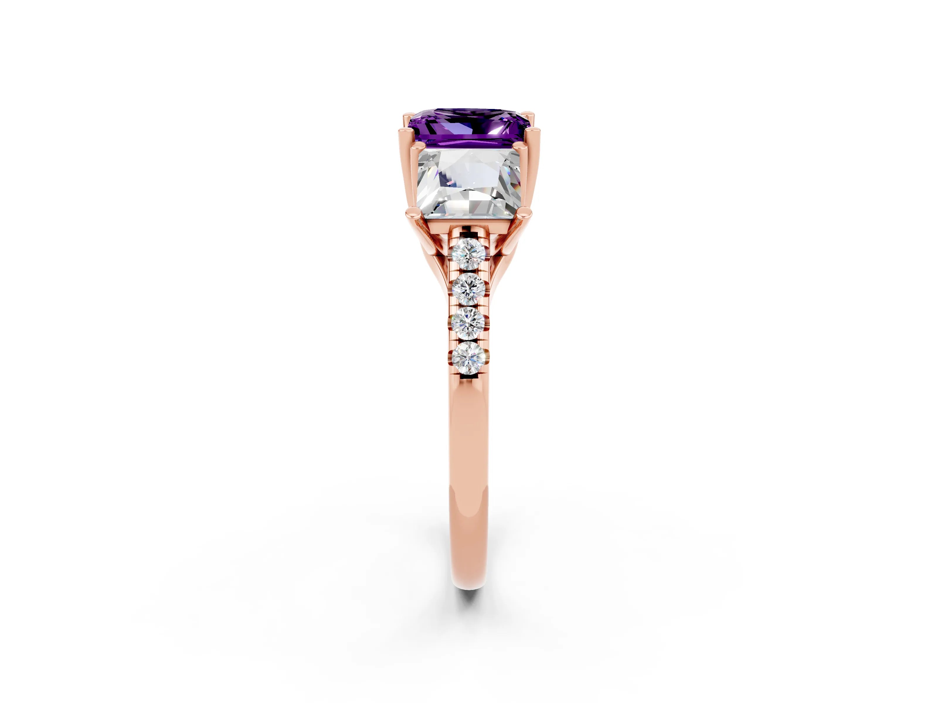 Rose gold Three-Stone Princess Cut Amethyst Ring with Round  Pavé Band and Prong Setting_45