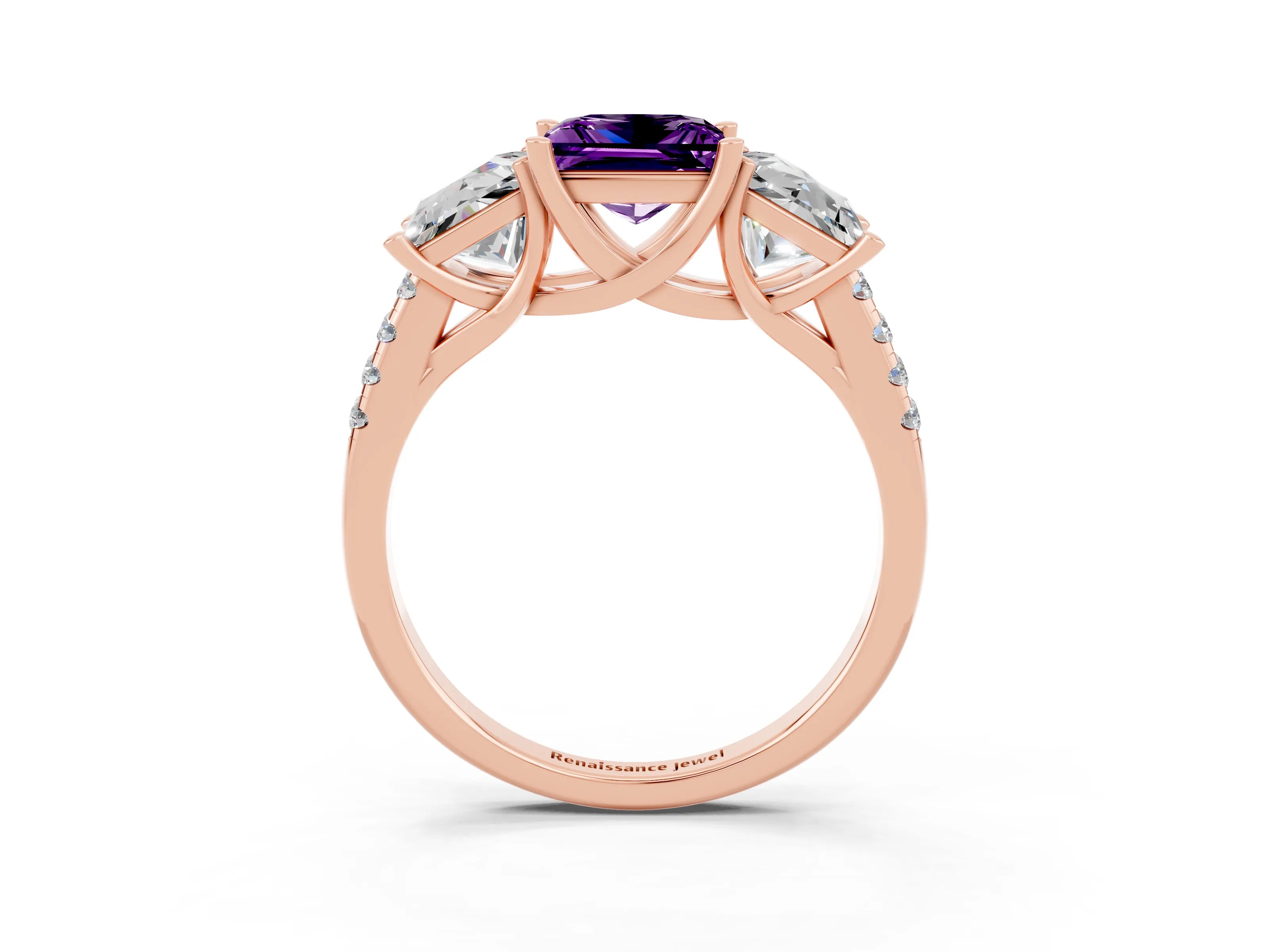 Rose gold Three-Stone Princess Cut Amethyst Ring with Round  Pavé Band and Prong Setting_46