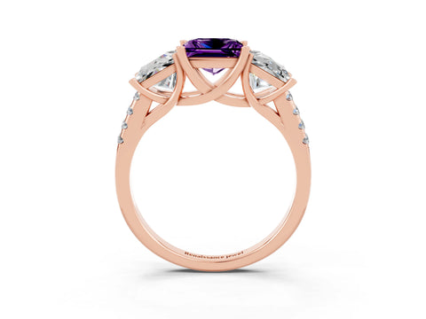Rose gold Three-Stone Princess Cut Amethyst Ring with Round  Pavé Band and Prong Setting_46