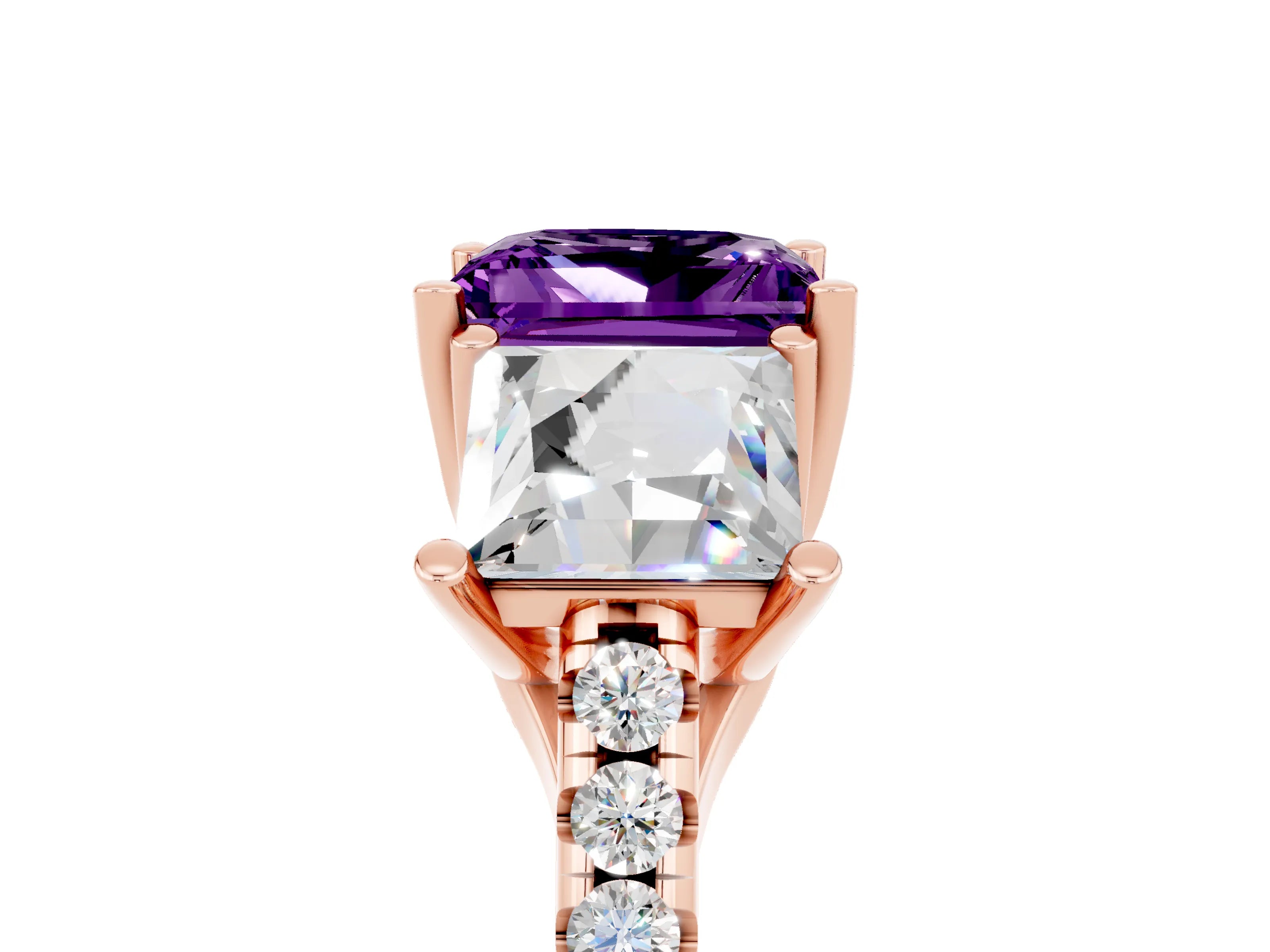 Rose gold Three-Stone Princess Cut Amethyst Ring with Round  Pavé Band and Prong Setting_48