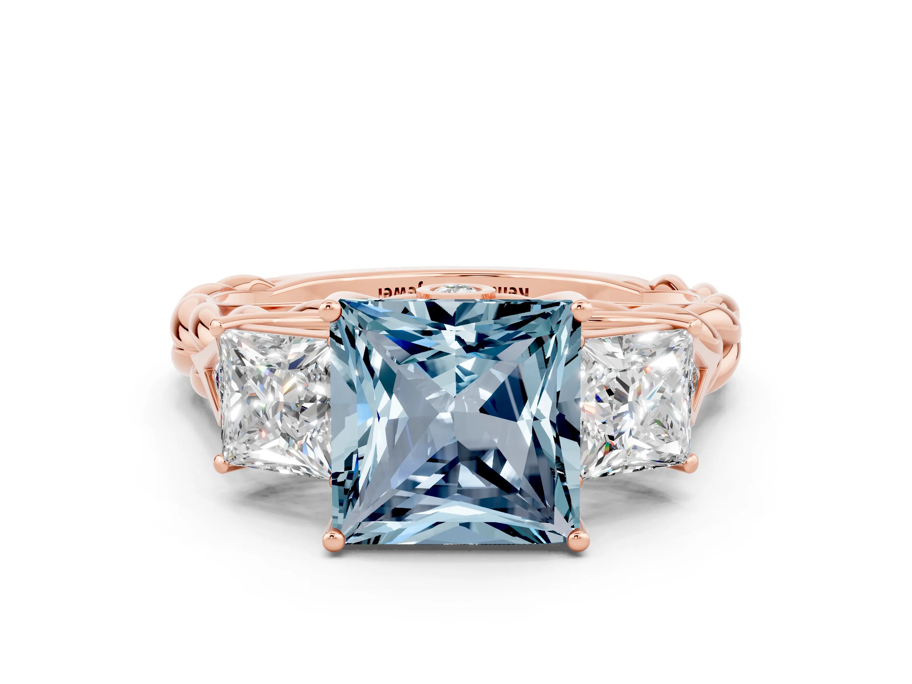 Rose gold Three-Stone Princess Cut Aquamarine Braided Band Ring with Four-Prong Setting_36