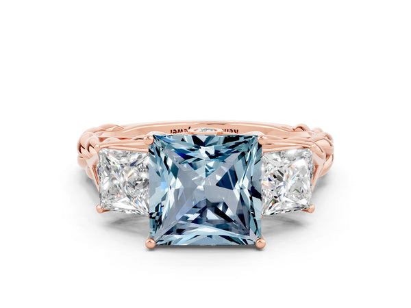 Rose gold Three-Stone Princess Cut Aquamarine Braided Band Ring with Four-Prong Setting