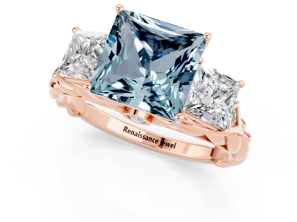 Rose gold Three-Stone Princess Cut Aquamarine Braided Band Ring with Four-Prong Setting