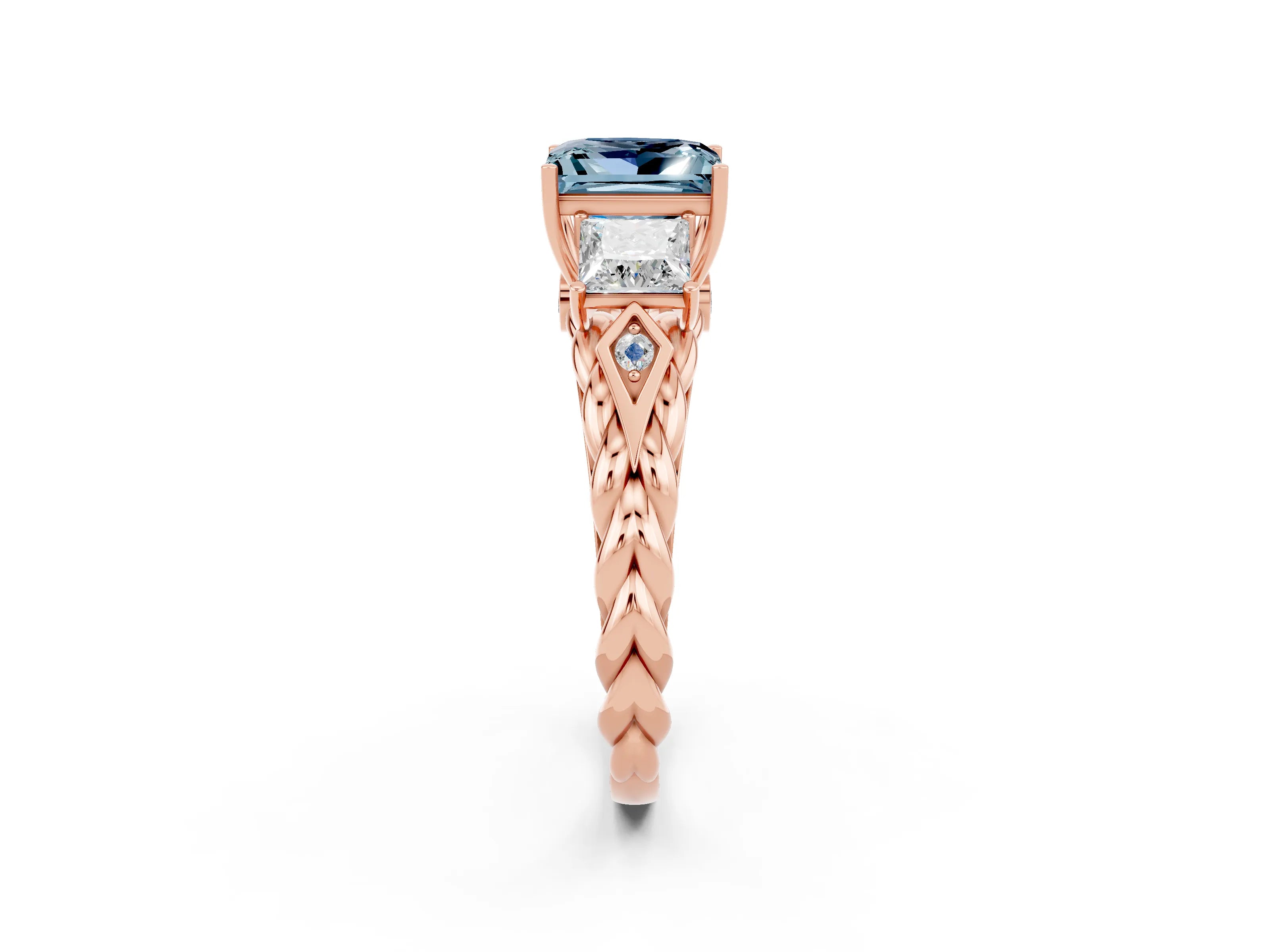Rose gold Three-Stone Princess Cut Aquamarine Braided Band Ring with Four-Prong Setting_38