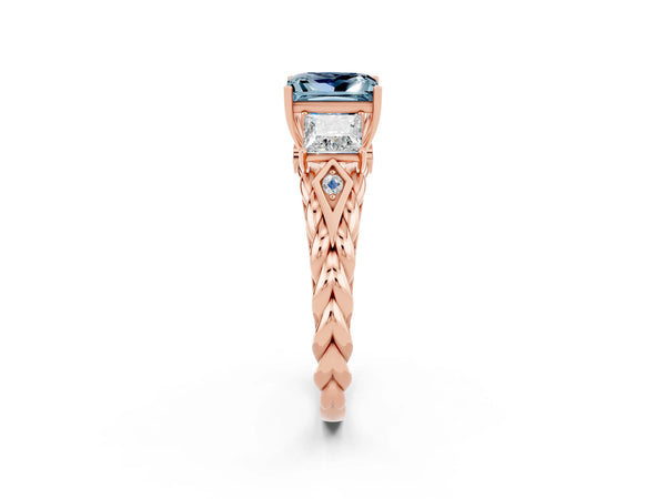 Rose gold Three-Stone Princess Cut Aquamarine Braided Band Ring with Four-Prong Setting