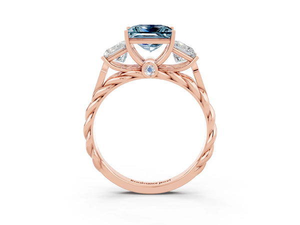 Rose gold Three-Stone Princess Cut Aquamarine Braided Band Ring with Four-Prong Setting