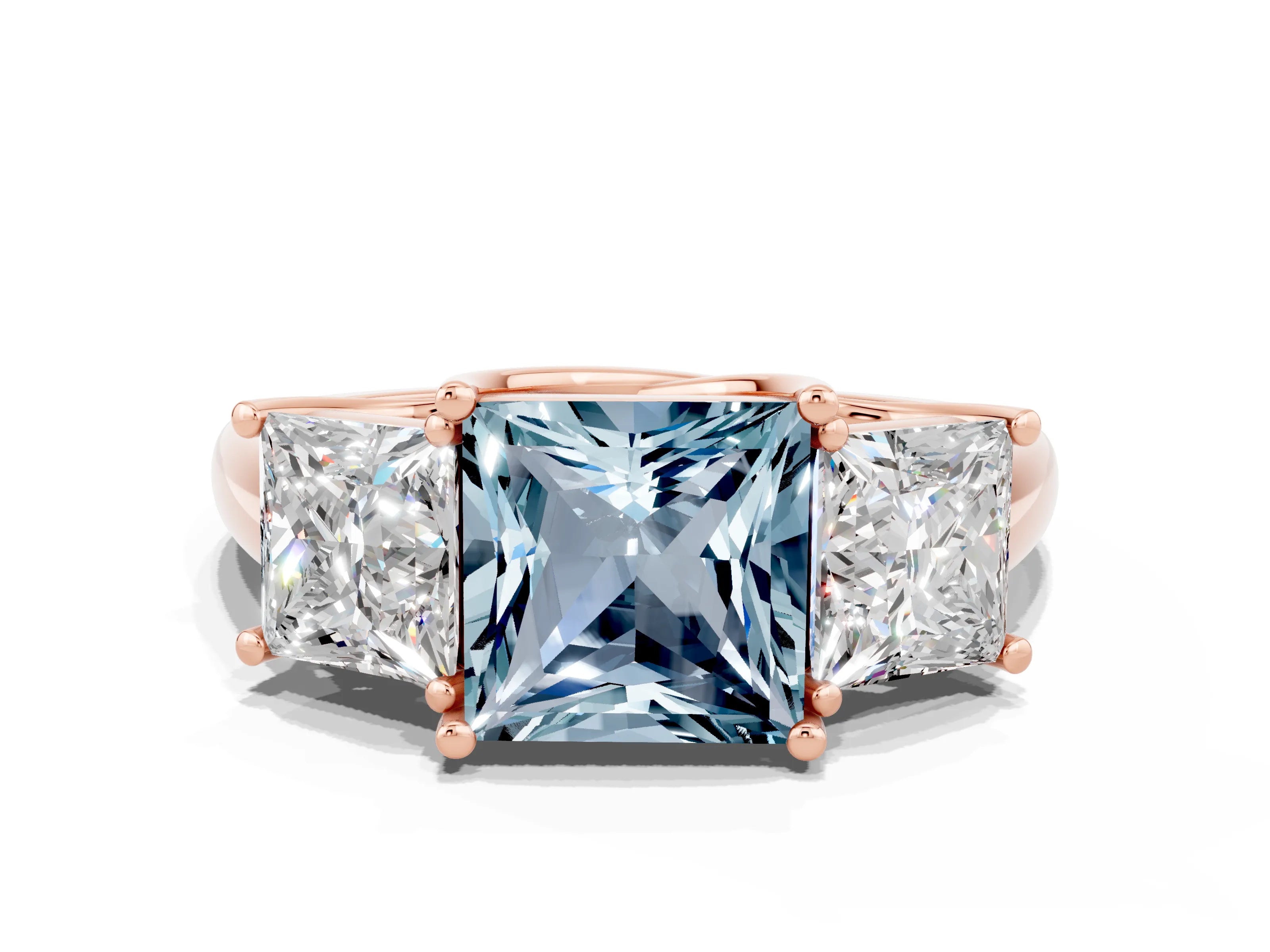 Rose gold Three-Stone Princess Cut Aquamarine Engagement Ring with Prong Setting