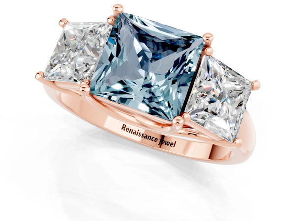 Rose gold Three-Stone Princess Cut Aquamarine Engagement Ring with Prong Setting