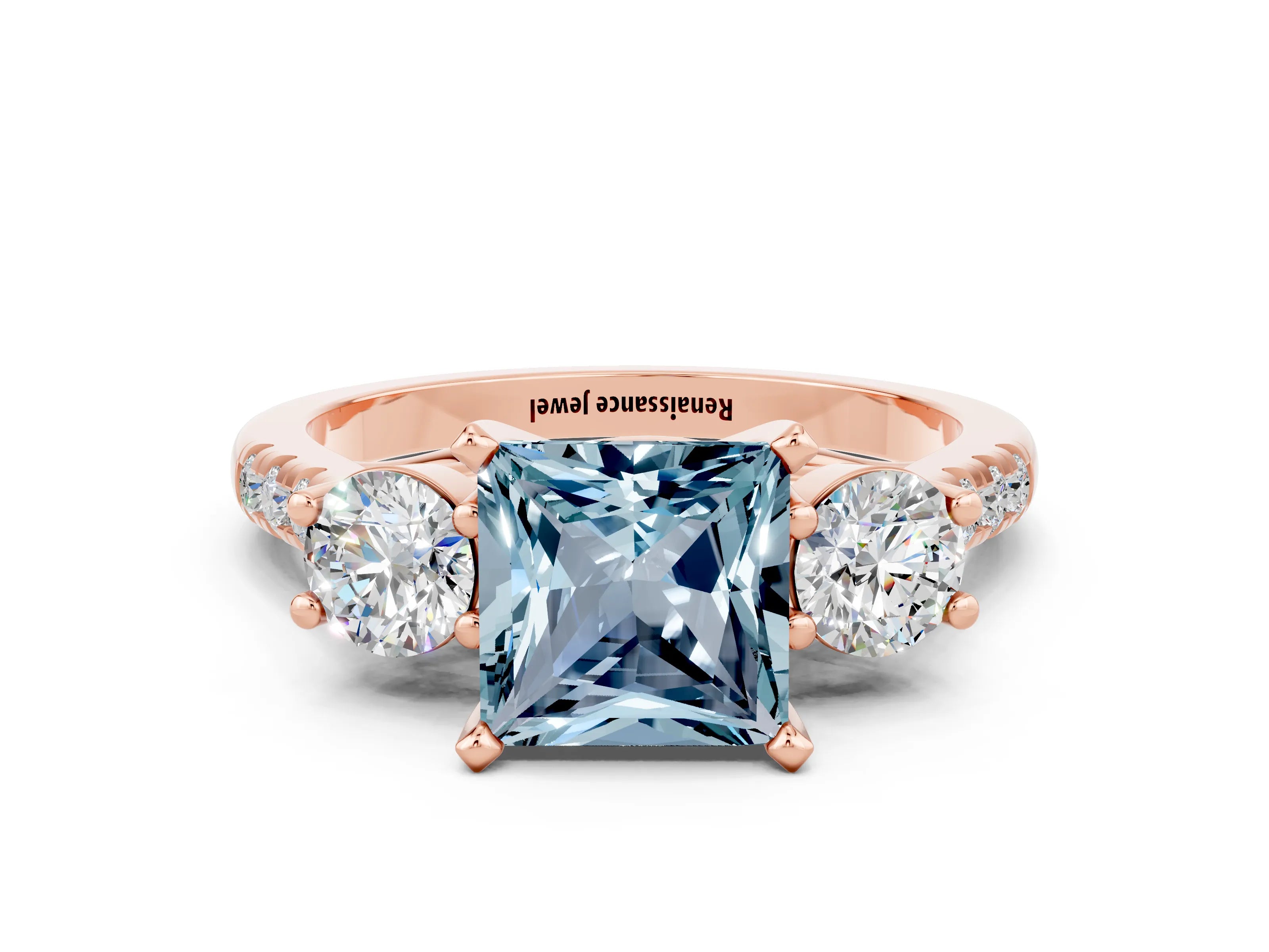 Rose gold Three-Stone Princess Cut Aquamarine Pavé Band with Four-Prong Setting
