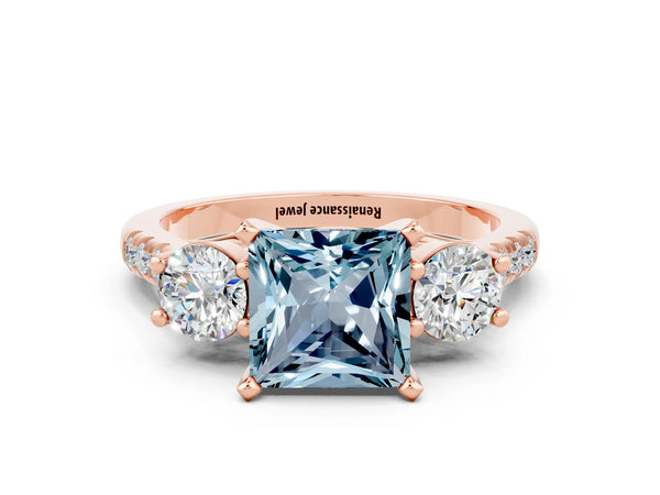 Rose gold Three-Stone Princess Cut Aquamarine Pavé Band with Four-Prong Setting