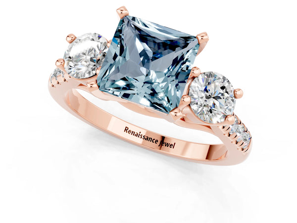 Rose gold Three-Stone Princess Cut Aquamarine Pavé Band with Four-Prong Setting