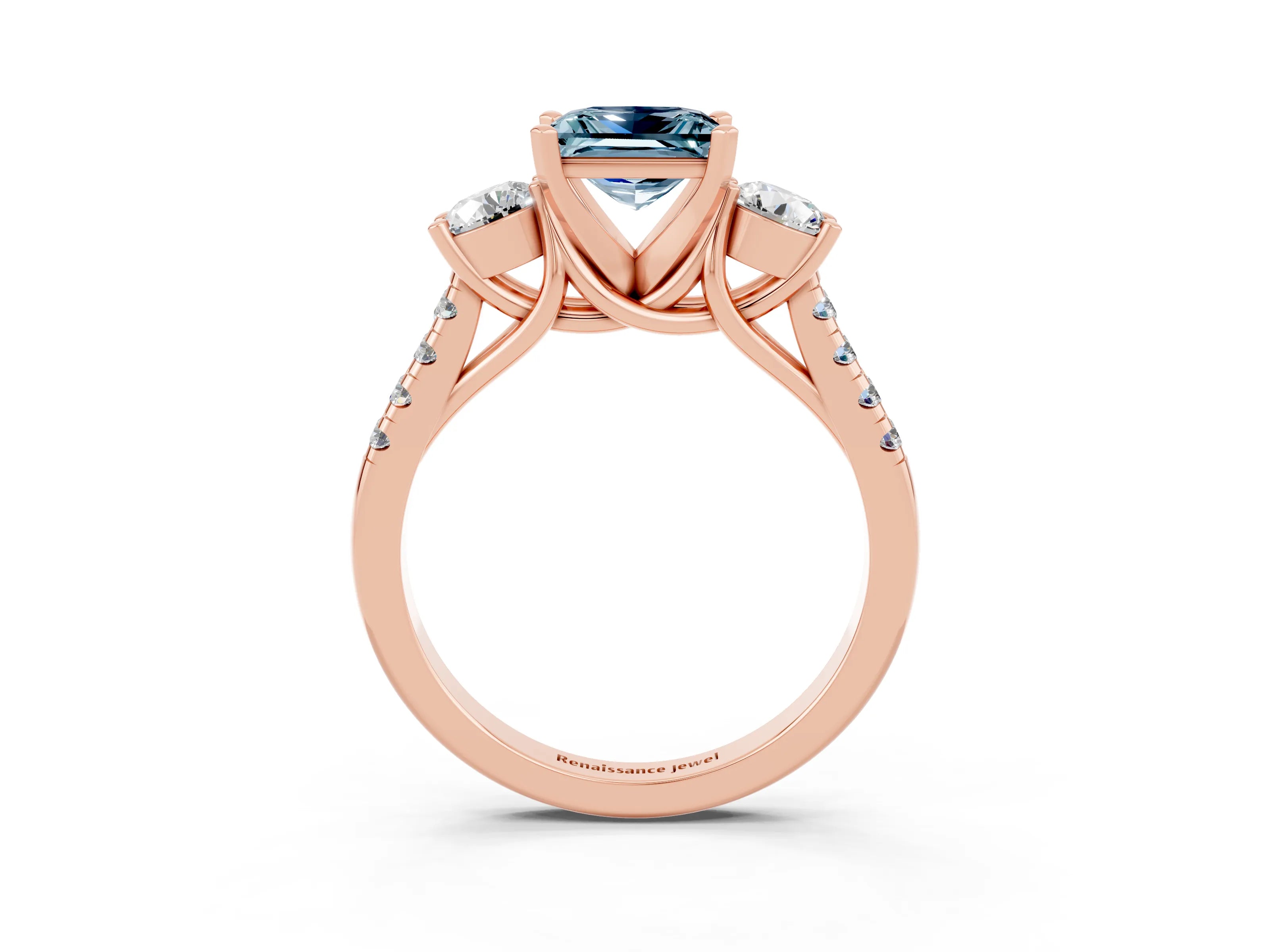 Rose gold Three-Stone Princess Cut Aquamarine Pavé Band with Four-Prong Setting_3