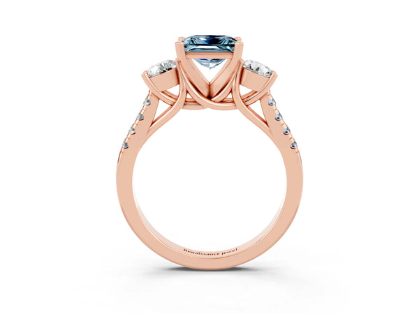 Rose gold Three-Stone Princess Cut Aquamarine Pavé Band with Four-Prong Setting