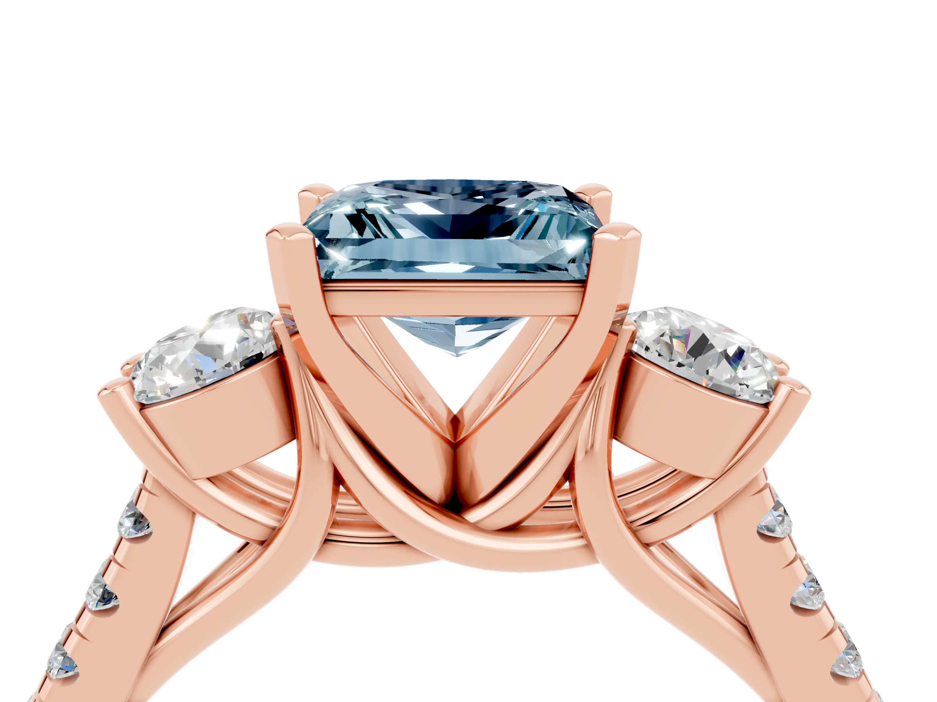 Rose gold Three-Stone Princess Cut Aquamarine Pavé Band with Four-Prong Setting_4