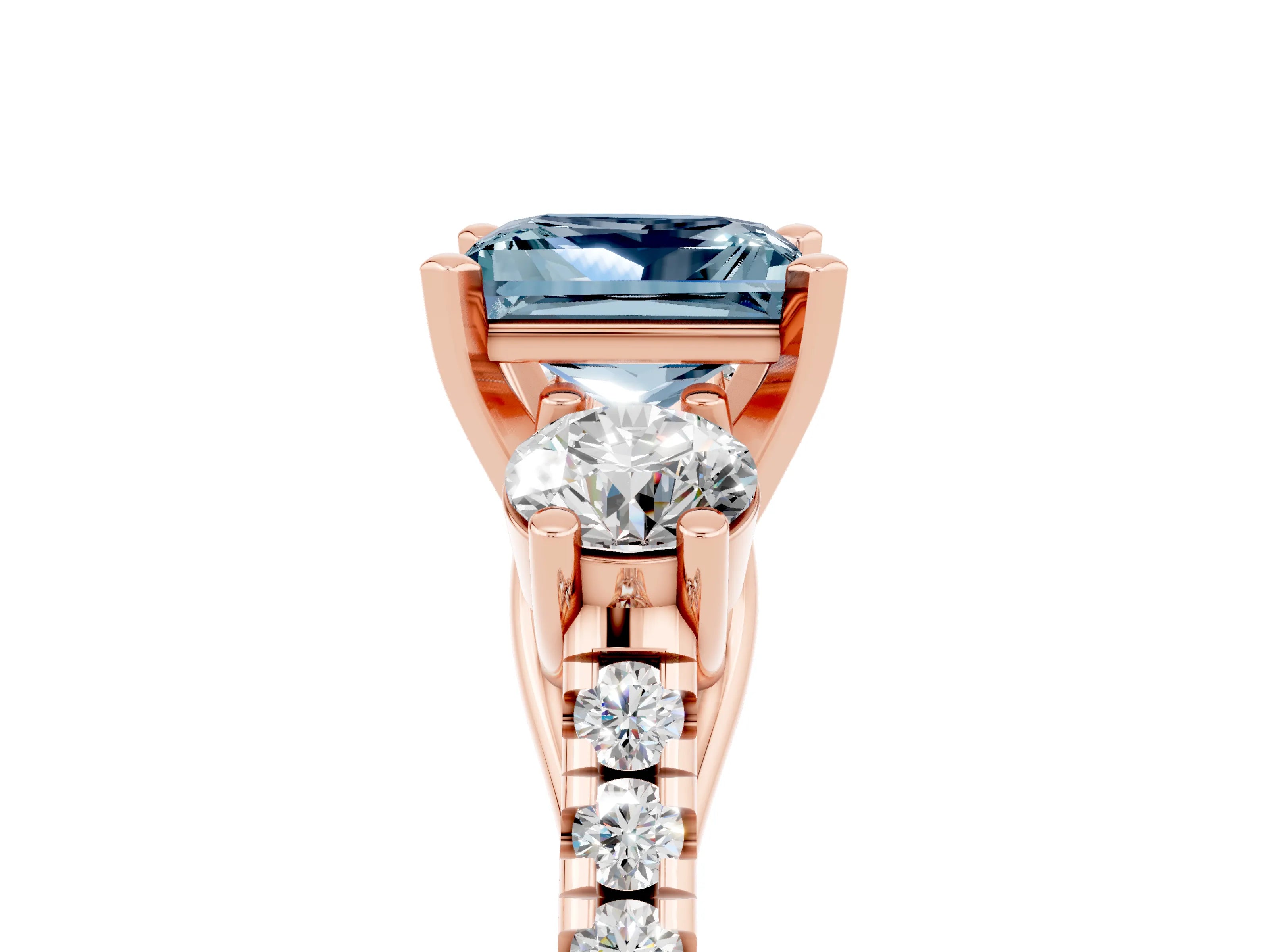 Rose gold Three-Stone Princess Cut Aquamarine Pavé Band with Four-Prong Setting_5