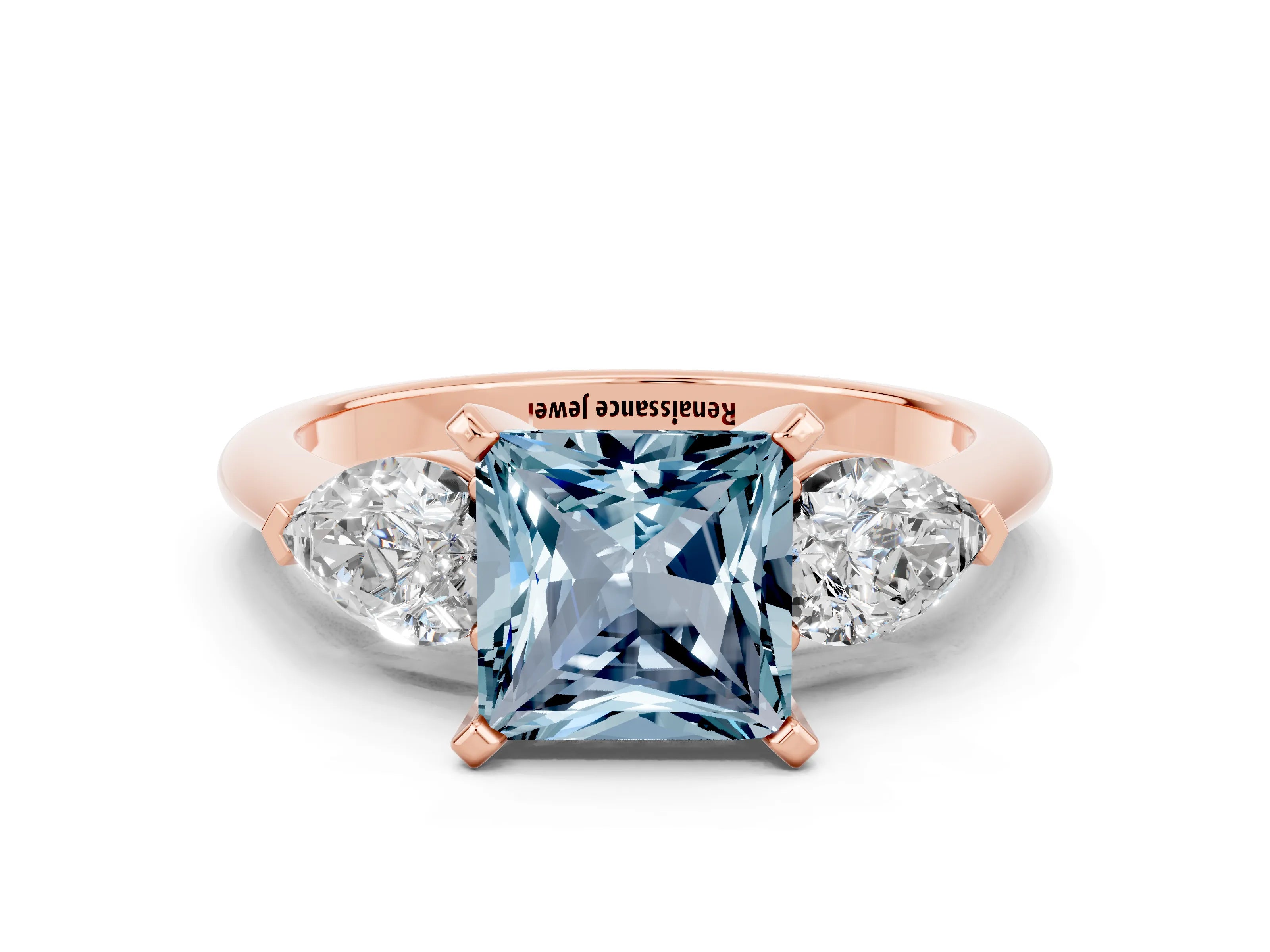 Rose gold Three-Stone Princess Cut Aquamarine Ring with Pear Side Stones and Four-Prong Setting