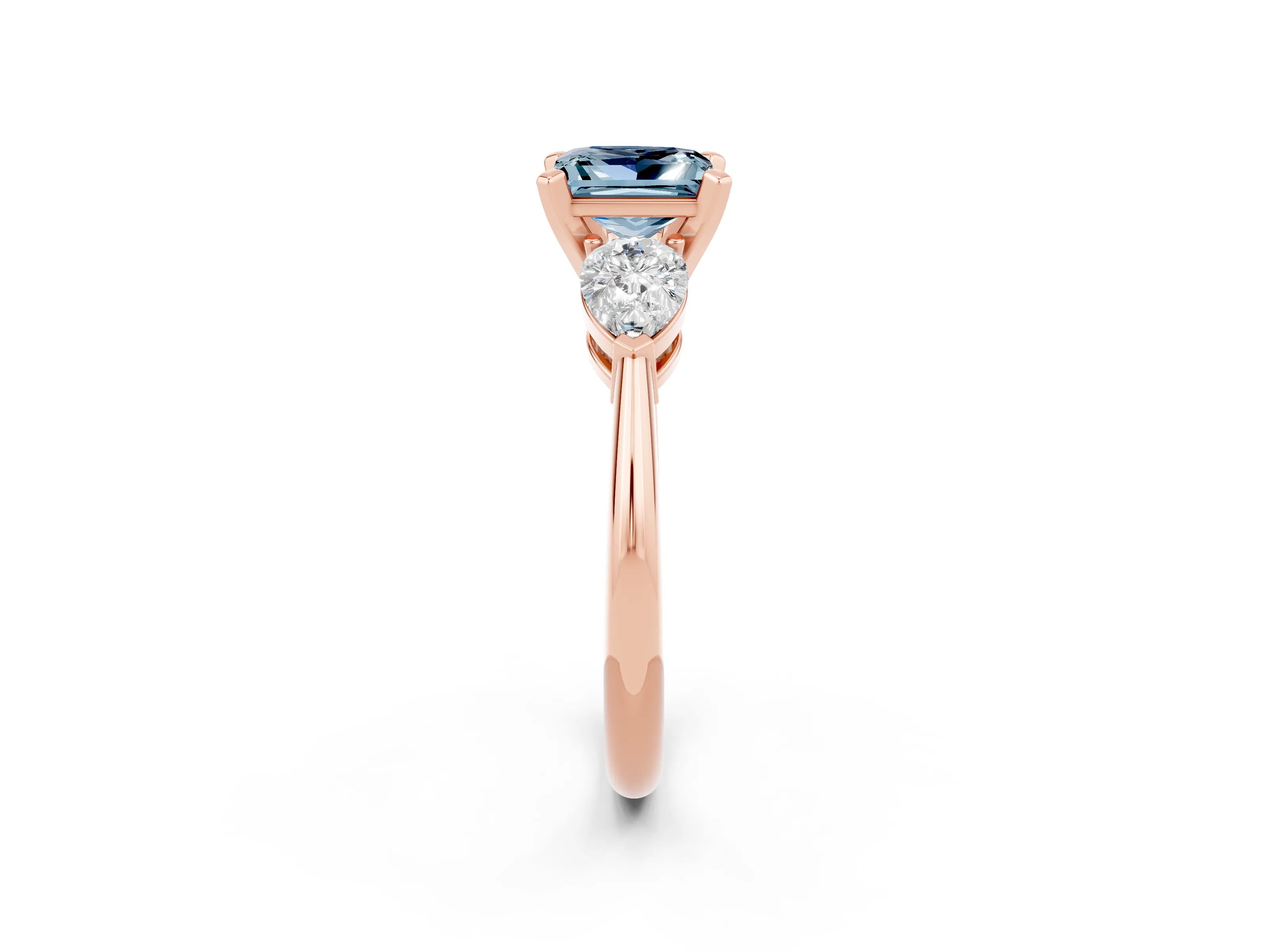 Rose gold Three-Stone Princess Cut Aquamarine Ring with Pear Side Stones and Four-Prong Setting_2