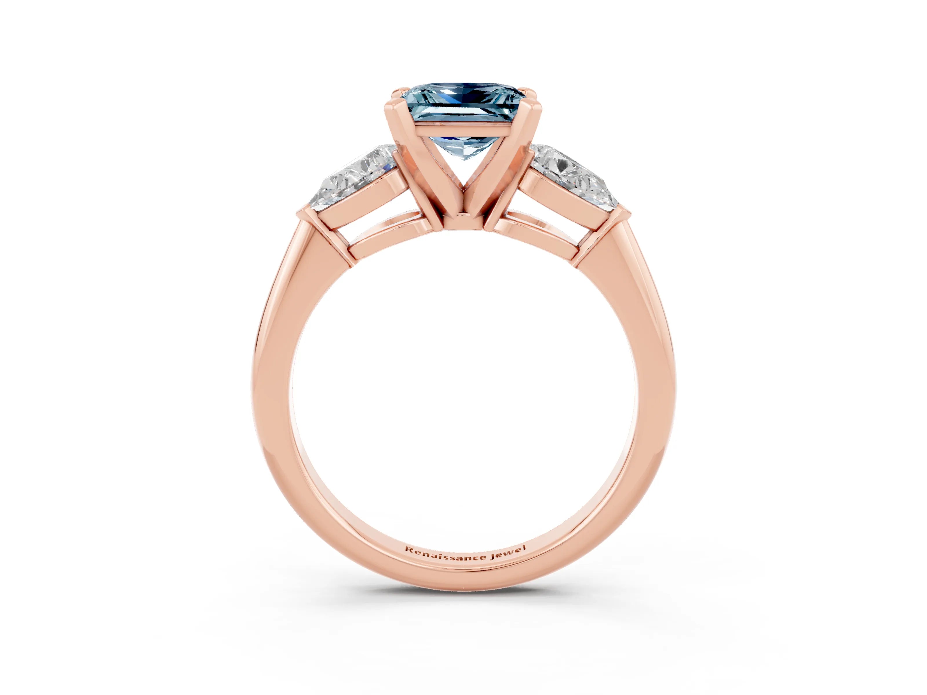 Rose gold Three-Stone Princess Cut Aquamarine Ring with Pear Side Stones and Four-Prong Setting_3