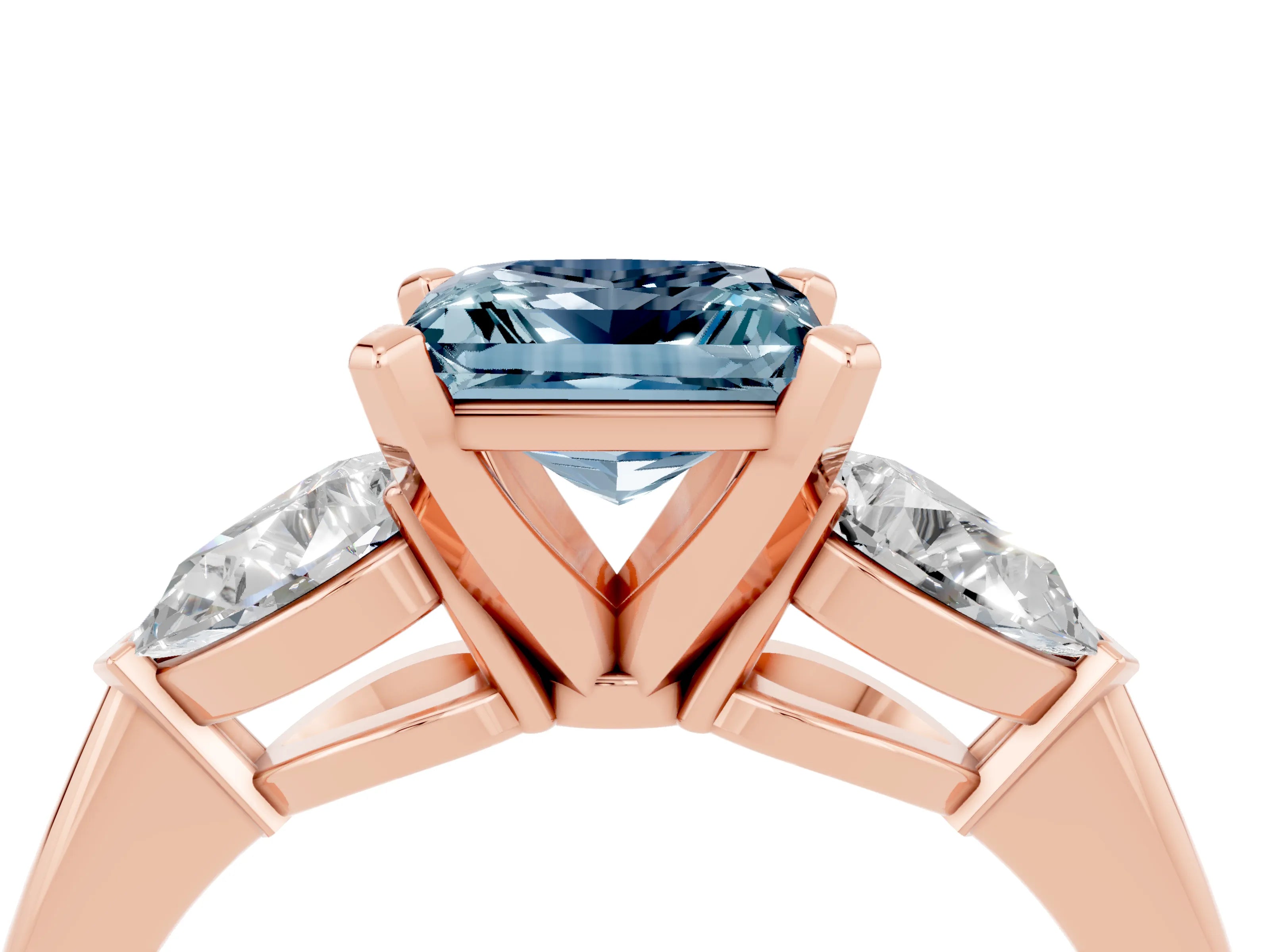 Rose gold Three-Stone Princess Cut Aquamarine Ring with Pear Side Stones and Four-Prong Setting_4