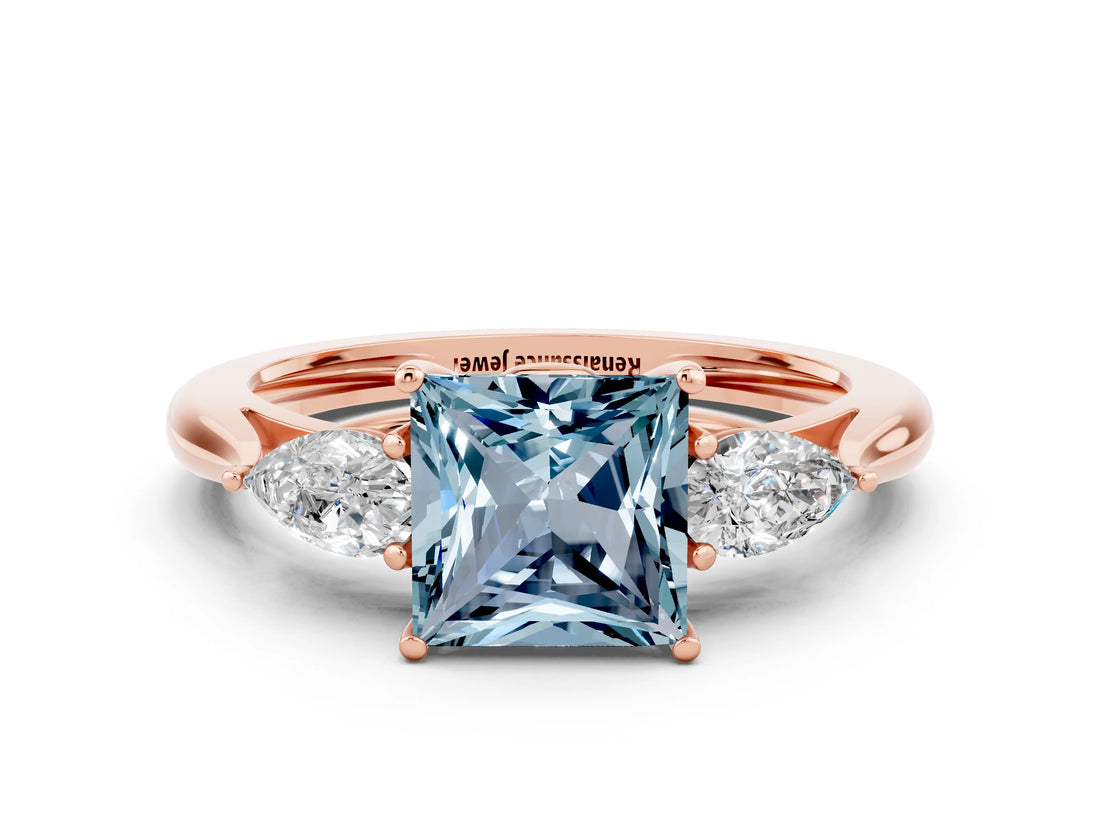 Rose gold Three-Stone Princess Cut Aquamarine Ring with Pear  Side Stones in Four-Prong Setting_12