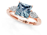 Rose gold Three-Stone Princess Cut Aquamarine Ring with Pear  Side Stones in Four-Prong Setting_13