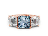 Rose gold Three-Stone Princess Cut Aquamarine Ring with Round  Pavé Band and Prong Setting_14