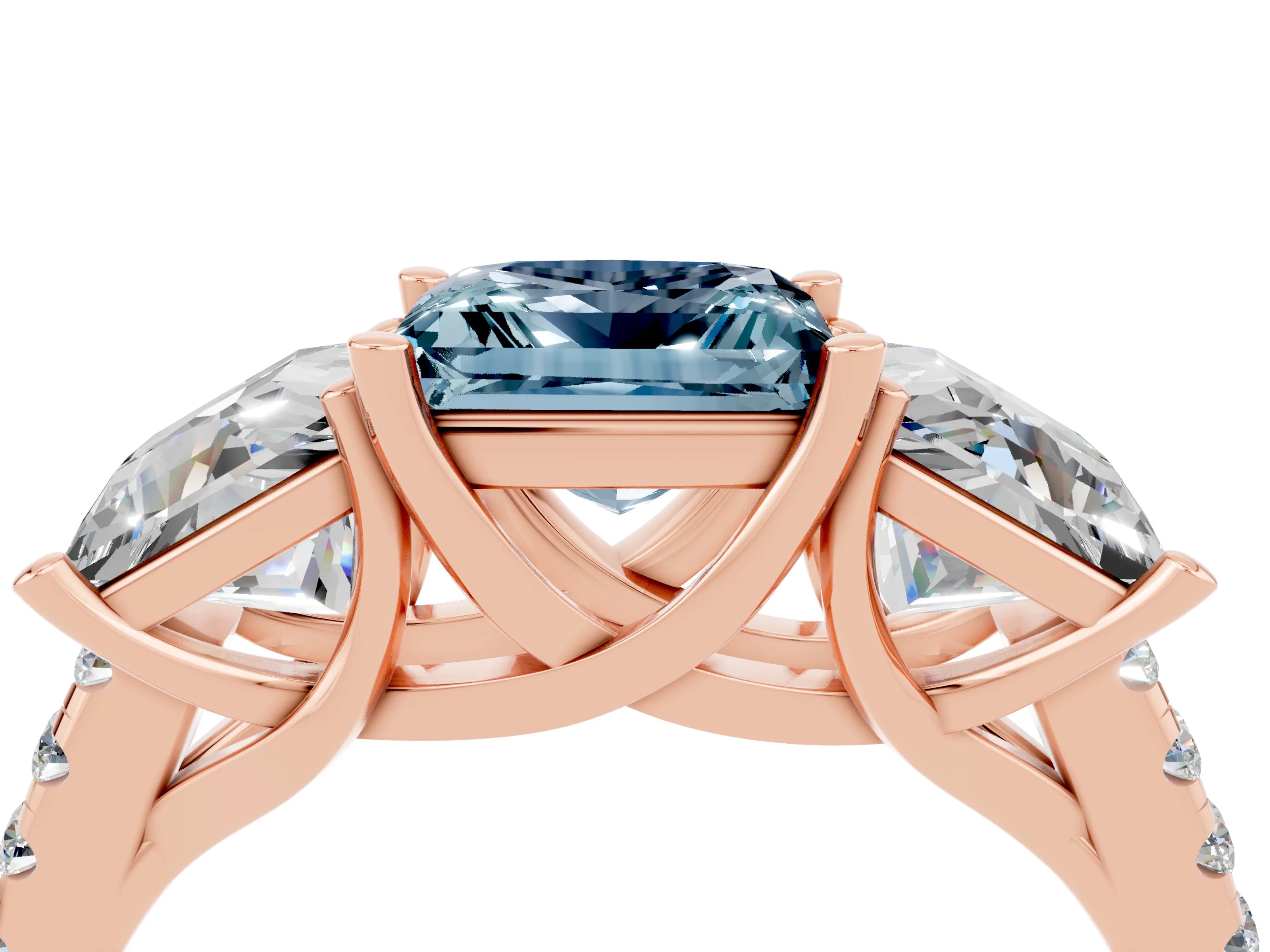 Rose gold Three-Stone Princess Cut Aquamarine Ring with Round  Pavé Band and Prong Setting_28