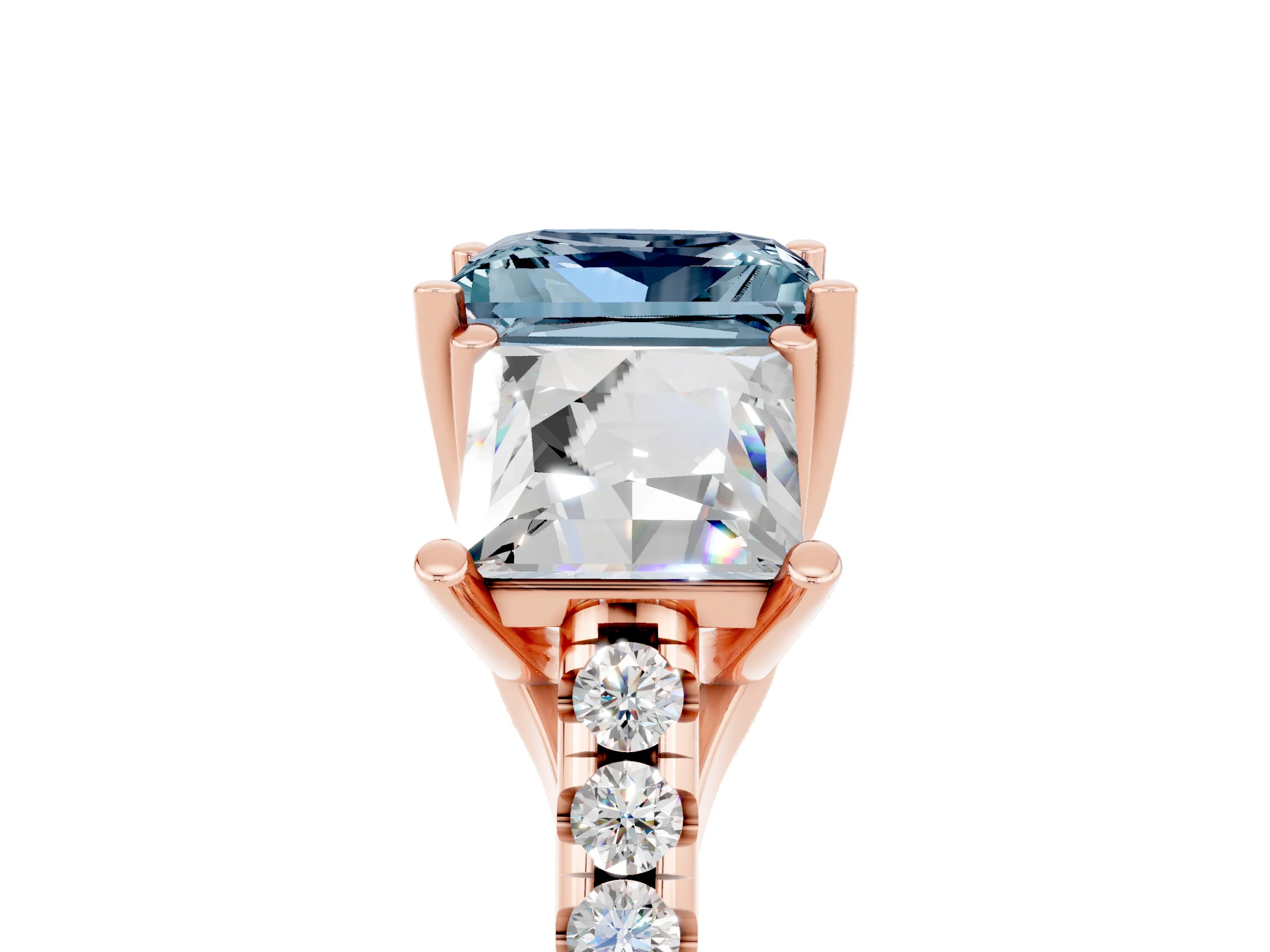 Rose gold Three-Stone Princess Cut Aquamarine Ring with Round  Pavé Band and Prong Setting_29