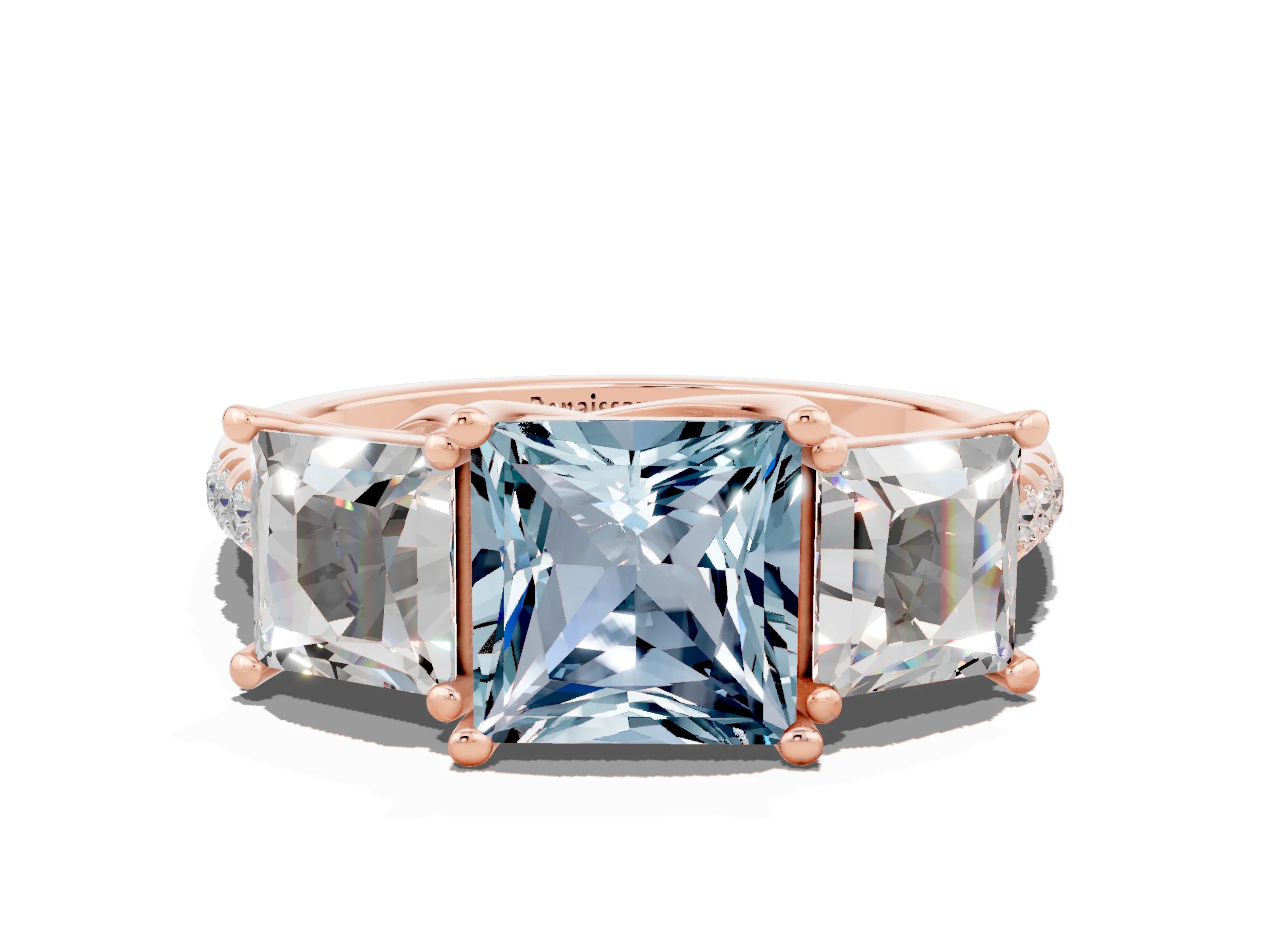 Rose gold Three-Stone Princess Cut Aquamarine Ring with Round  Pavé Band and Prong Setting_43