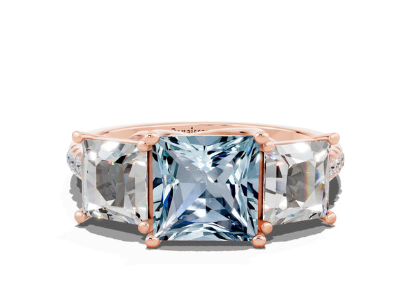 Rose gold Three-Stone Princess Cut Aquamarine Ring with Round  Pavé Band and Prong Setting