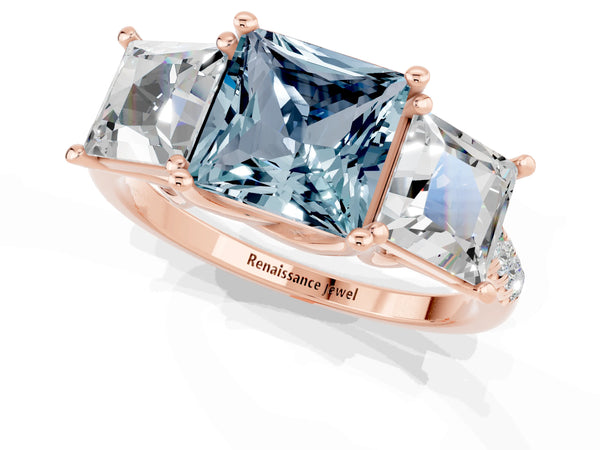 Rose gold Three-Stone Princess Cut Aquamarine Ring with Round  Pavé Band and Prong Setting