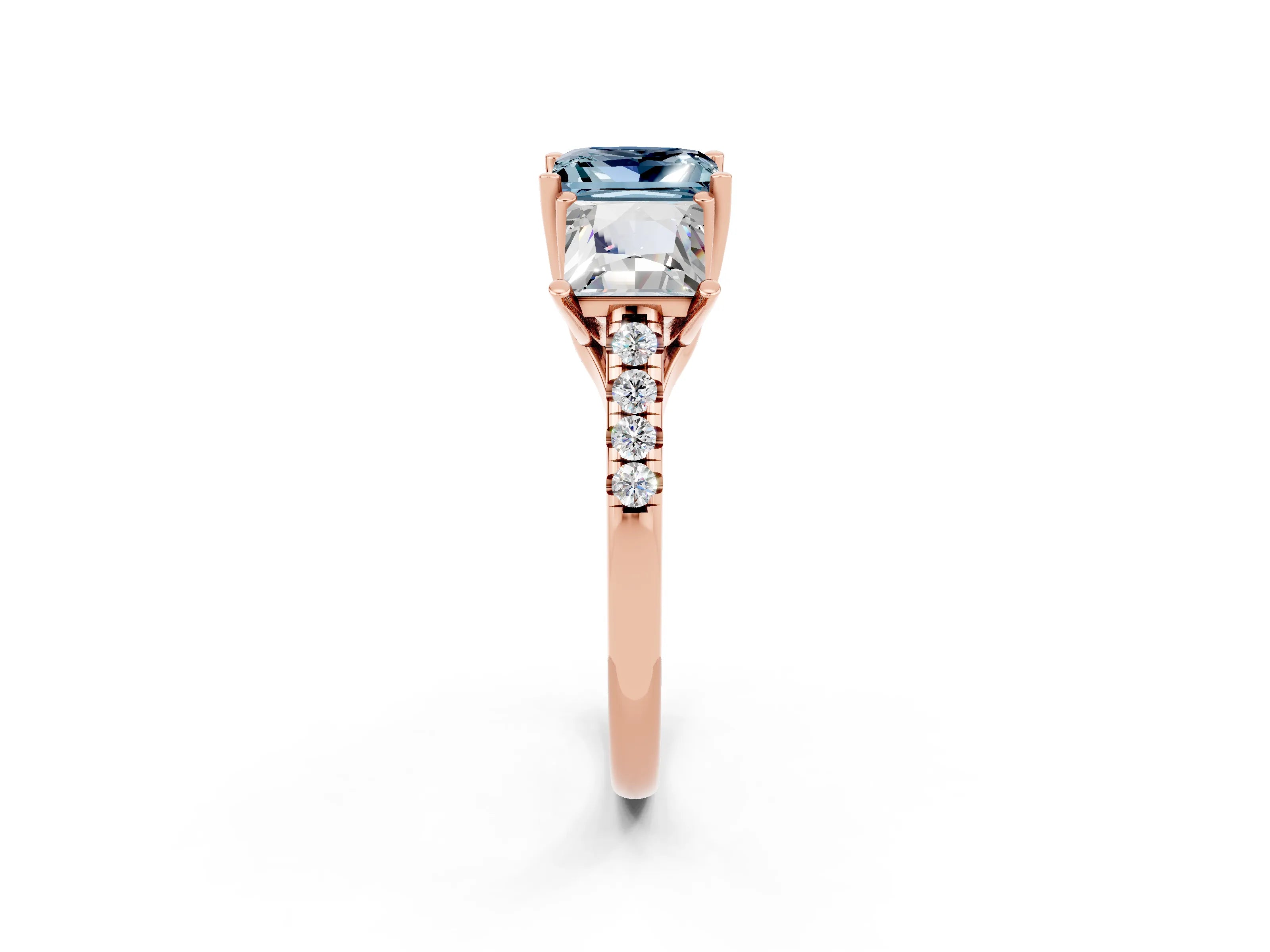 Rose gold Three-Stone Princess Cut Aquamarine Ring with Round  Pavé Band and Prong Setting_45