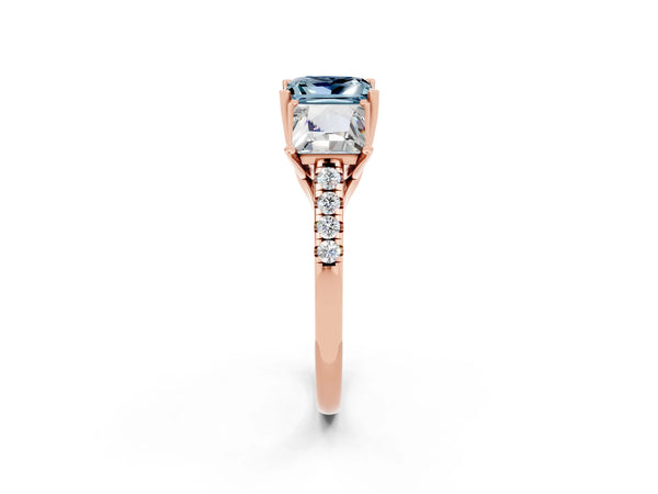 Rose gold Three-Stone Princess Cut Aquamarine Ring with Round  Pavé Band and Prong Setting