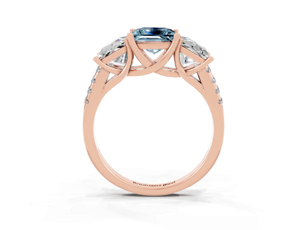 Rose gold Three-Stone Princess Cut Aquamarine Ring with Round  Pavé Band and Prong Setting