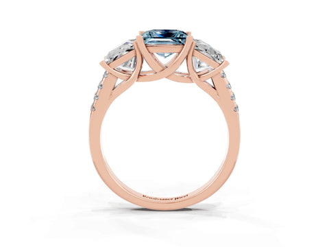 Rose gold Three-Stone Princess Cut Aquamarine Ring with Round  Pavé Band and Prong Setting_46