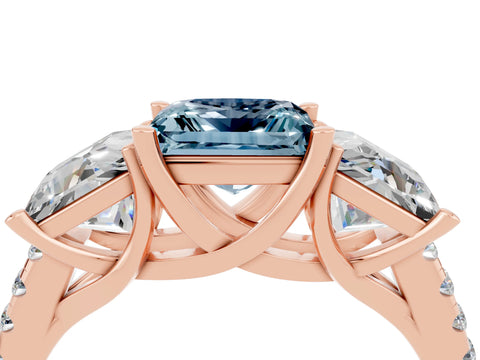Rose gold Three-Stone Princess Cut Aquamarine Ring with Round  Pavé Band and Prong Setting_47