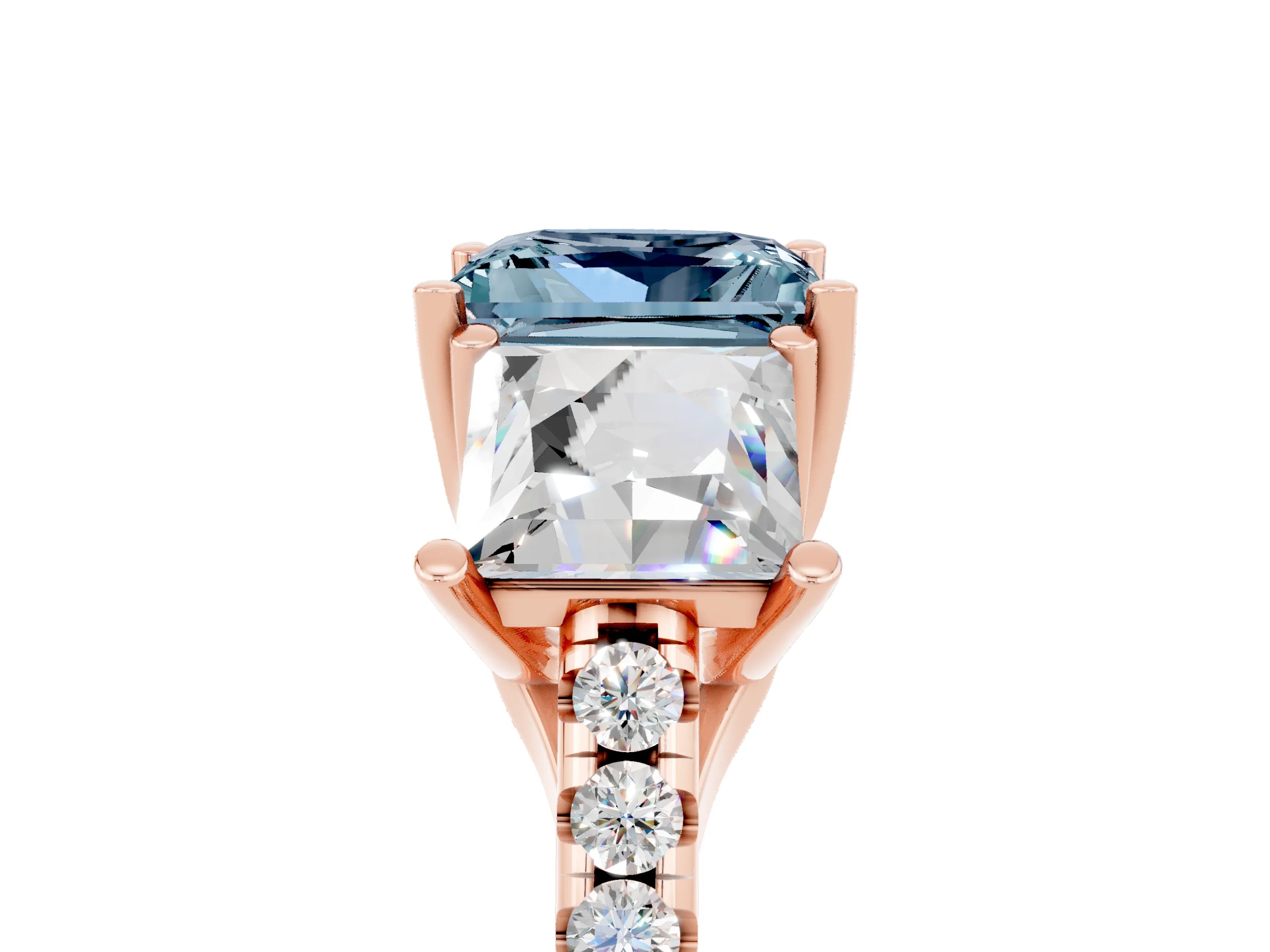 Rose gold Three-Stone Princess Cut Aquamarine Ring with Round  Pavé Band and Prong Setting_48