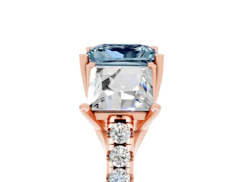 Rose gold Three-Stone Princess Cut Aquamarine Ring with Round  Pavé Band and Prong Setting_48
