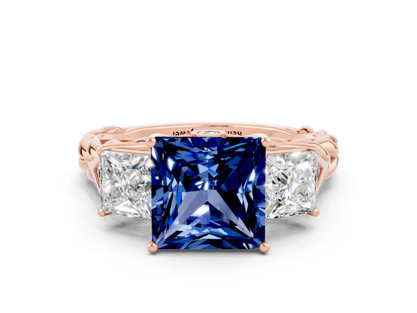 Rose gold Three-Stone Princess Cut Blue Sapphire Braided Band Ring with Four-Prong Setting