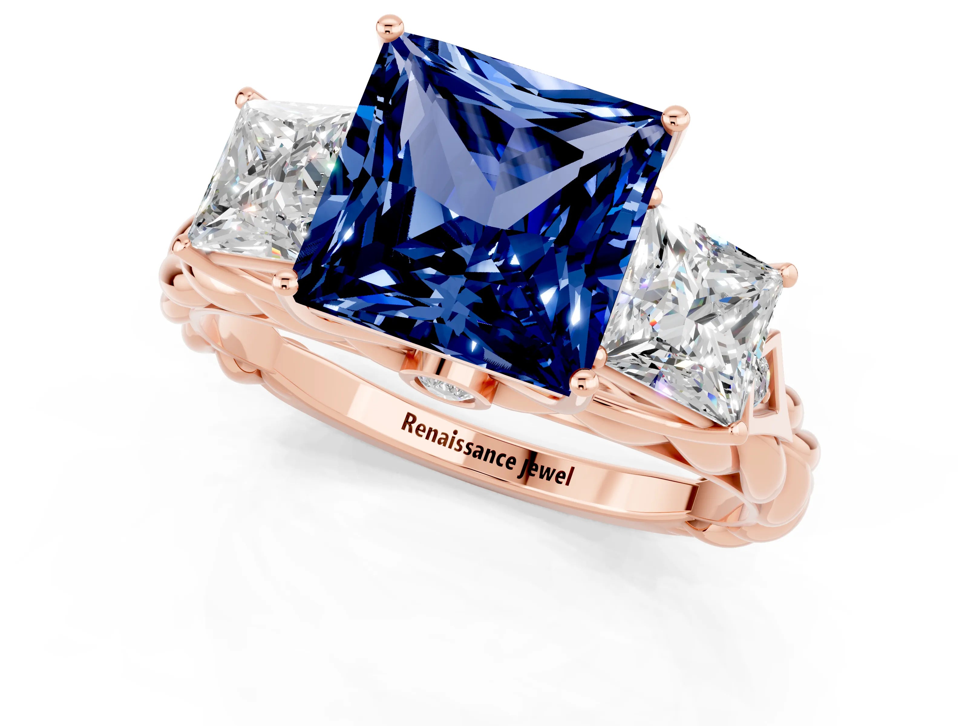 Rose gold Three-Stone Princess Cut Blue Sapphire Braided Band Ring with Four-Prong Setting_44
