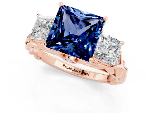Rose gold Three-Stone Princess Cut Blue Sapphire Braided Band Ring with Four-Prong Setting_44