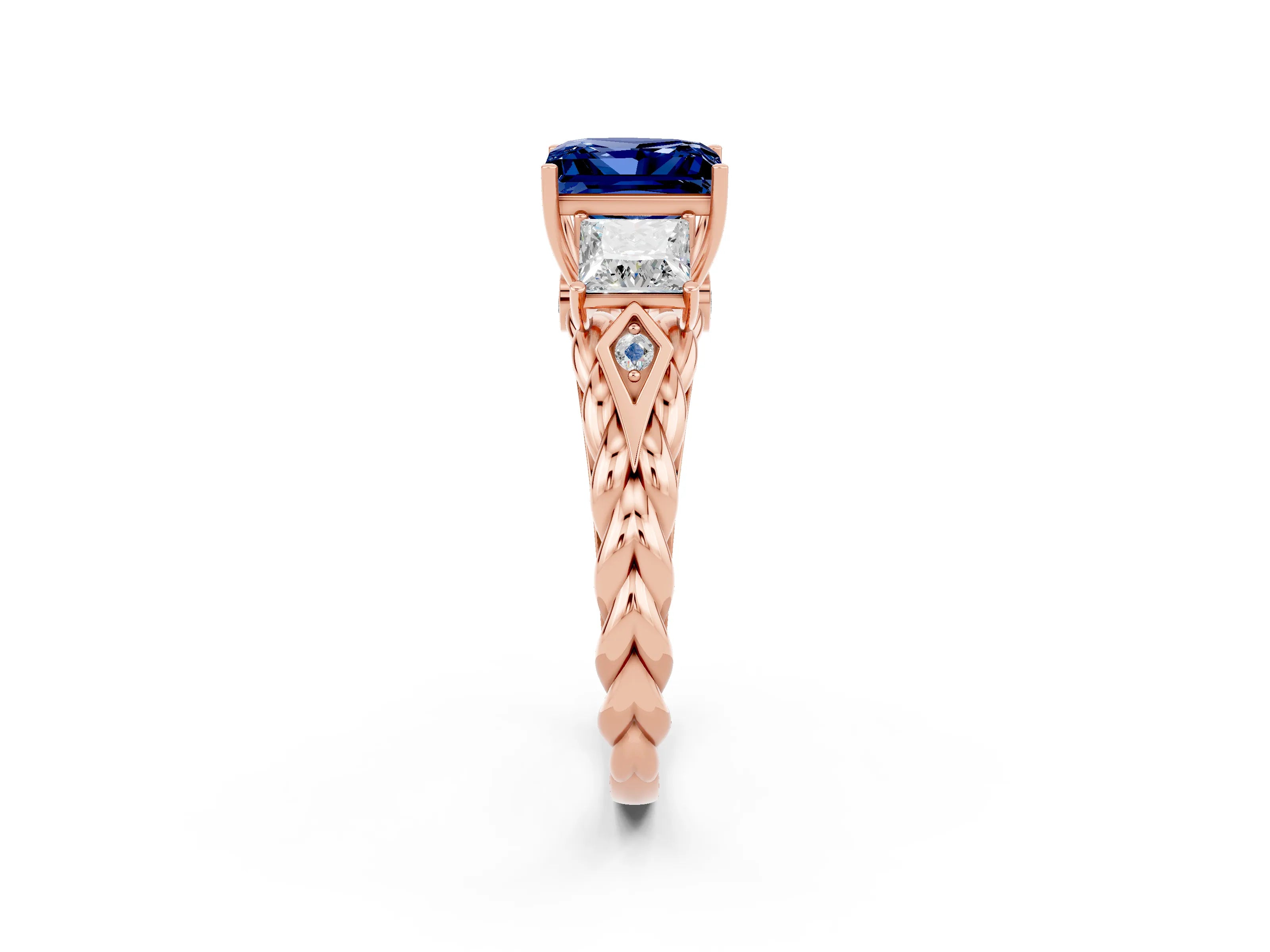 Rose gold Three-Stone Princess Cut Blue Sapphire Braided Band Ring with Four-Prong Setting_45