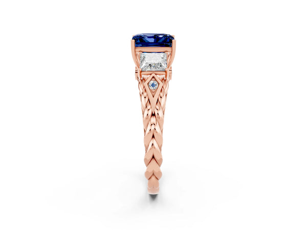 Rose gold Three-Stone Princess Cut Blue Sapphire Braided Band Ring with Four-Prong Setting